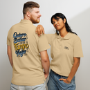 Two people wearing beige polos with text and logos on a plain background