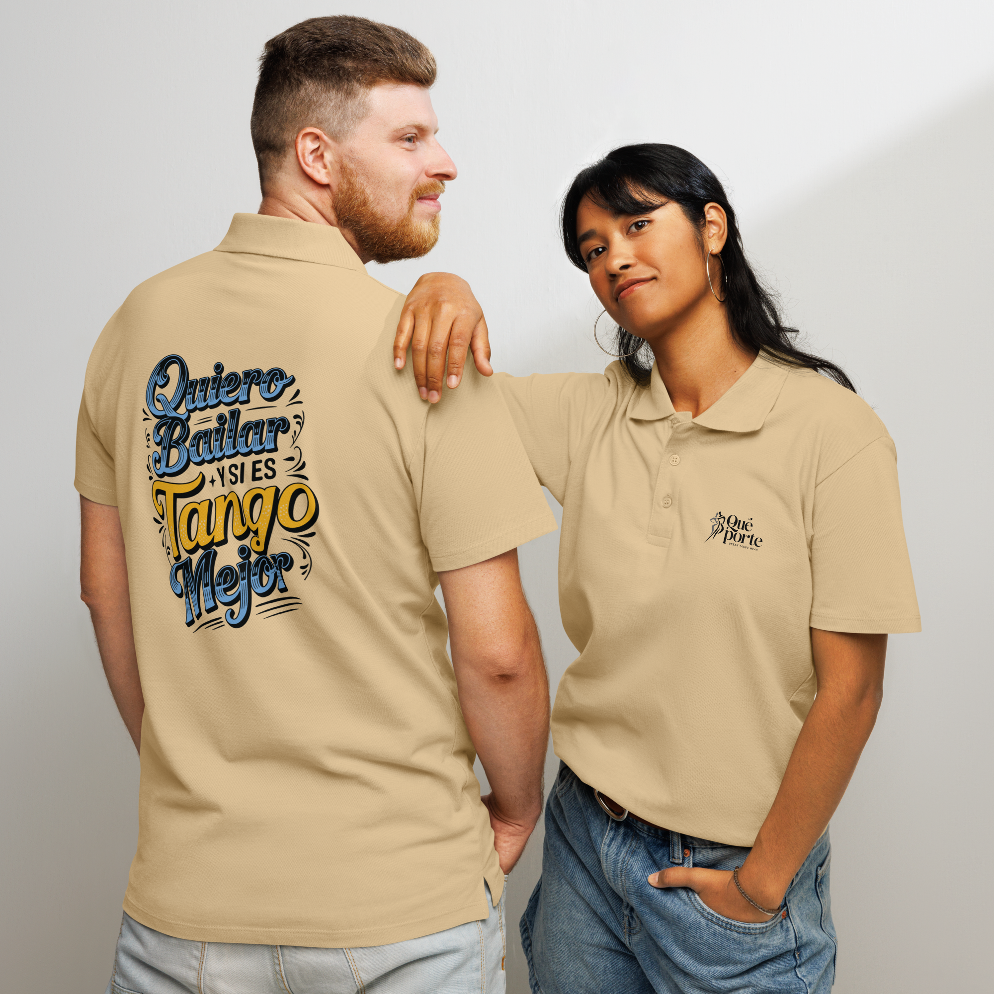 Two people wearing beige polos with text and logos on a plain background