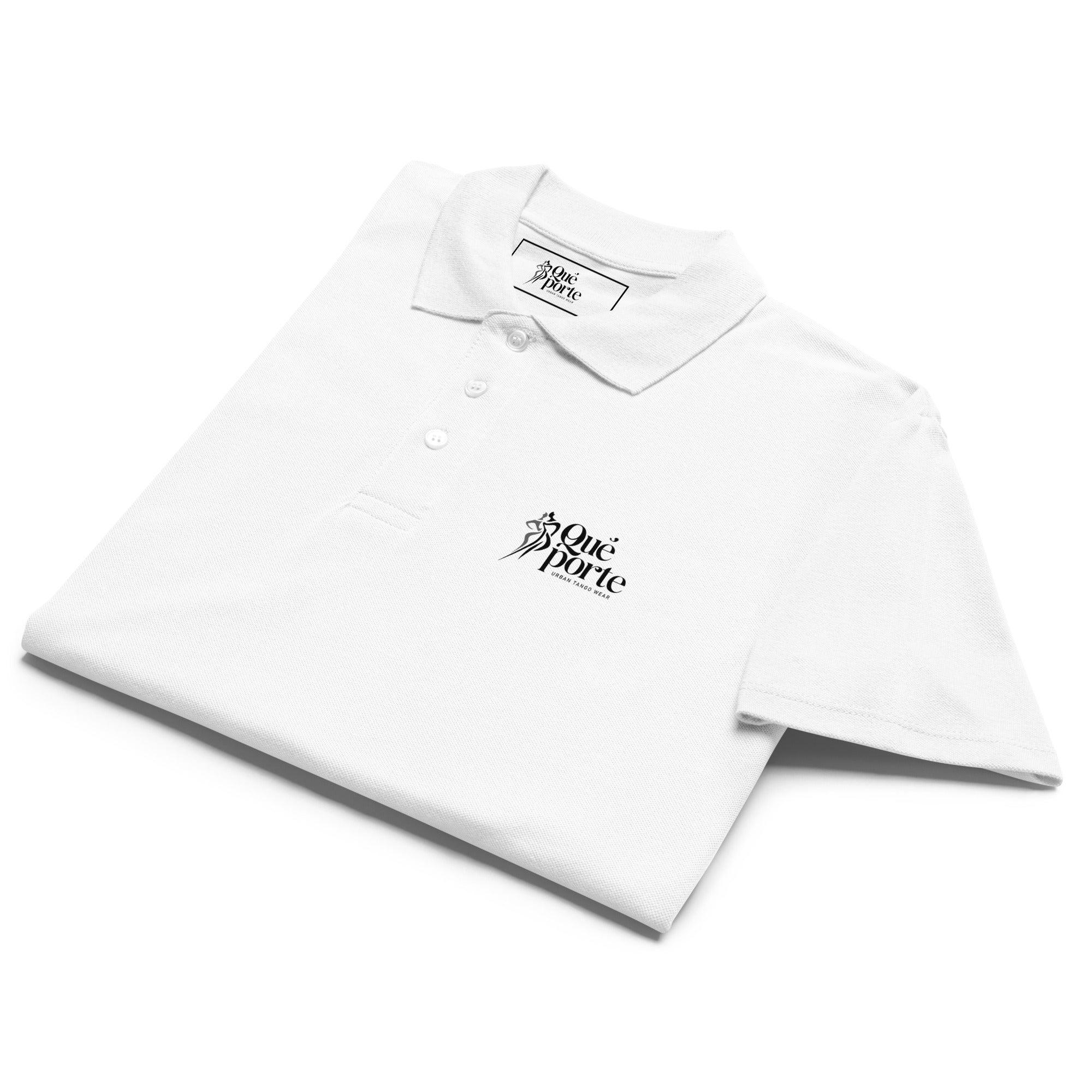 White polo shirt with black logo on a white background