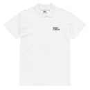 White polo shirt with a small logo on a white background