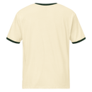 Unisex natural ringer t-shirt with green trim back viewProduct mockup