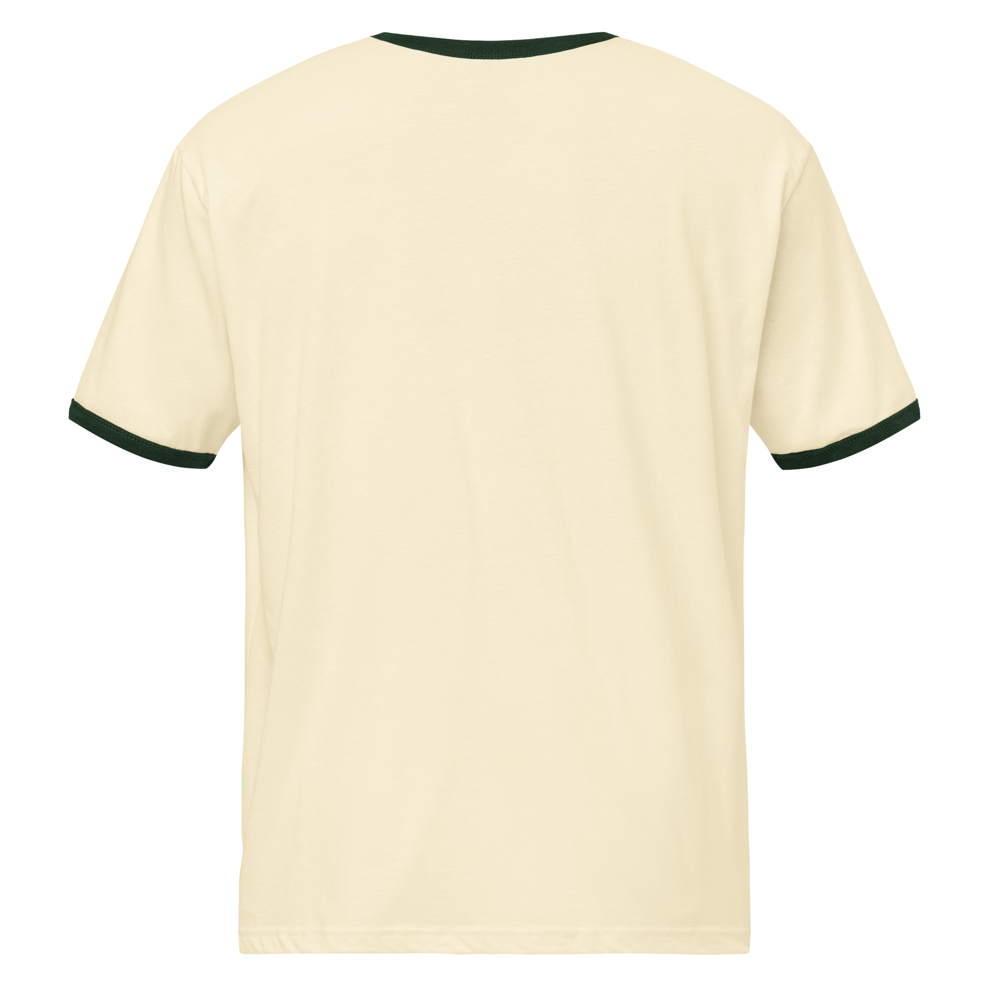 Unisex natural ringer t-shirt with green trim back viewProduct mockup