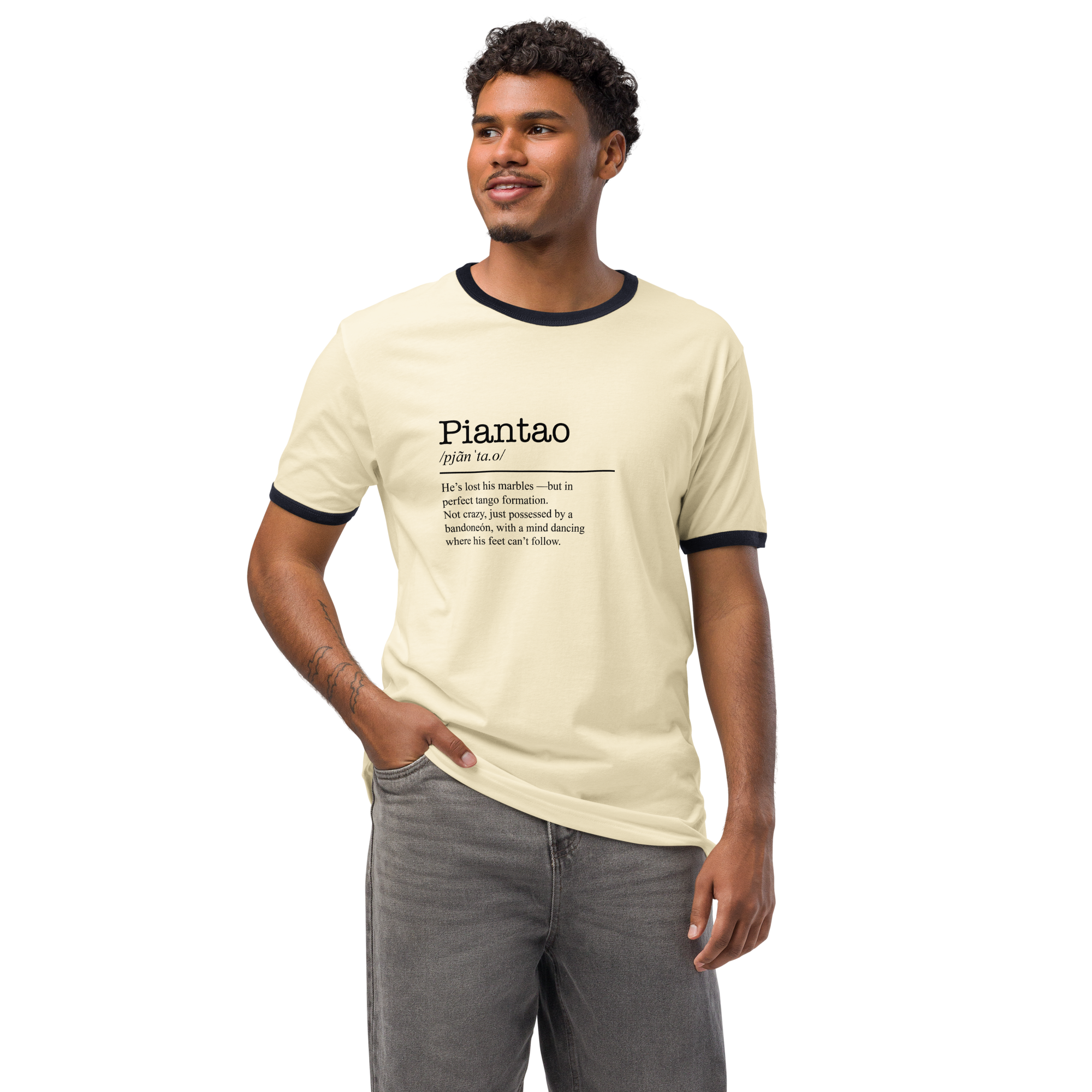Unisex natural ringer t-shirt with navy trim front view