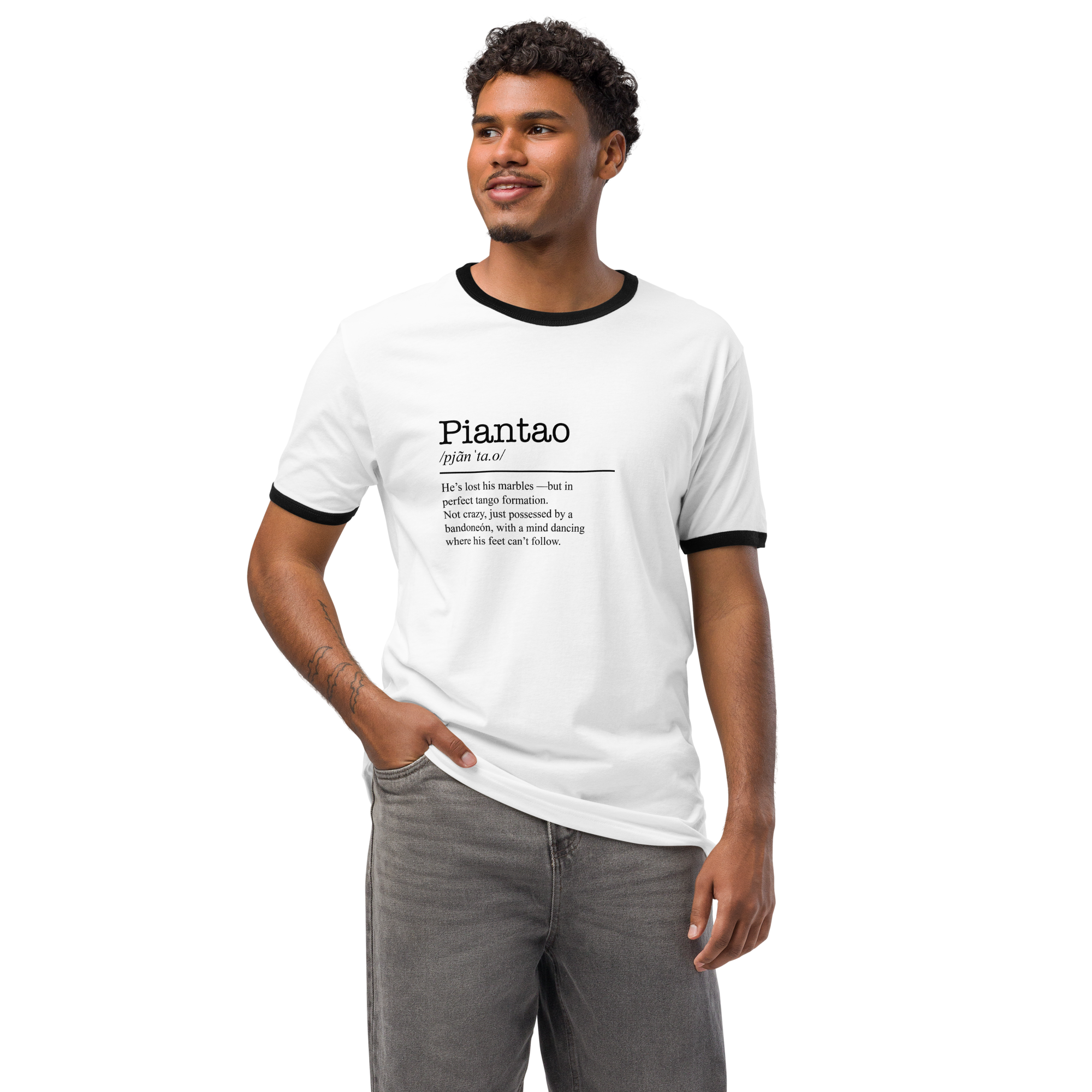Unisex white ringer t-shirt with black trim front view