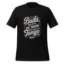 Black t-shirt with white and gold text on a white background
