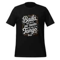 Black t-shirt with white and gold text on a white background