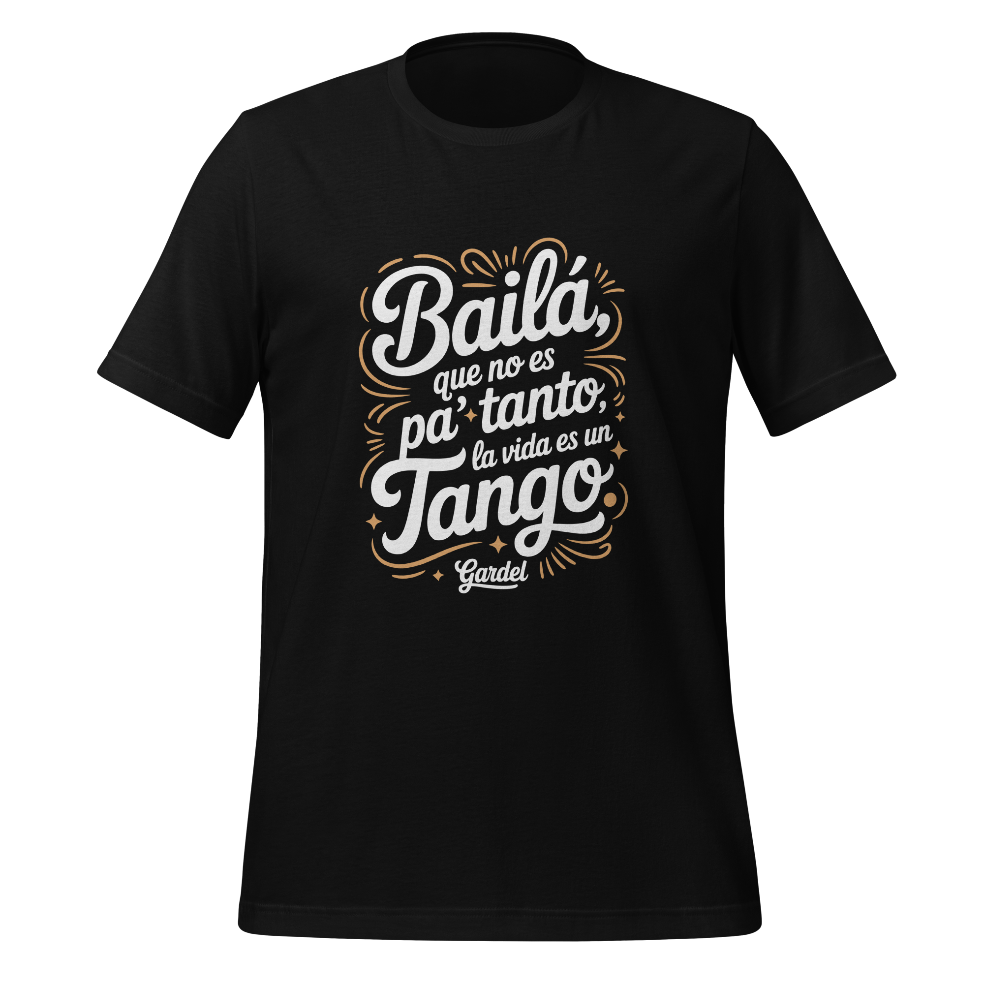 Black t-shirt with white and gold text on a white background