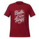 Red t-shirt with white and yellow text on a white background