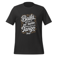 Black t-shirt with white and gold text on a white background