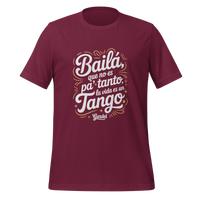 Maroon t-shirt with white and yellow text on a white background