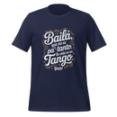 Navy blue t-shirt with white and gold text on a white background