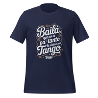 Navy blue t-shirt with white and gold text on a white background