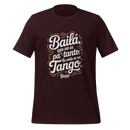 Brown t-shirt with white and beige text on a white background
