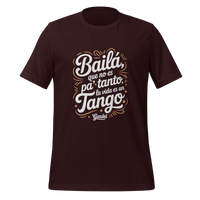Brown t-shirt with white and beige text on a white background