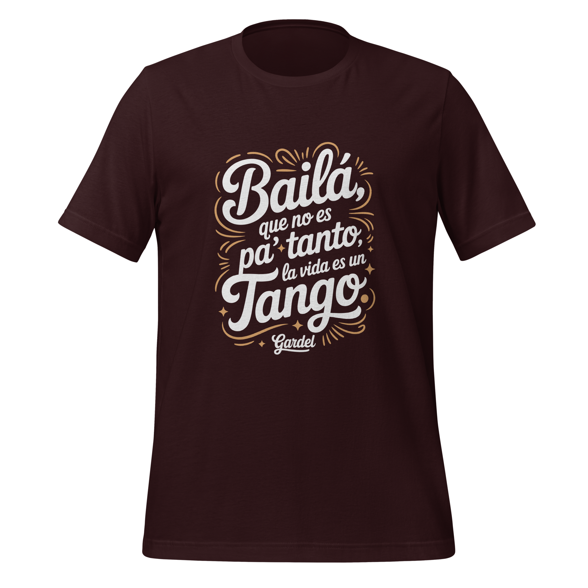 Brown t-shirt with white and beige text on a white background