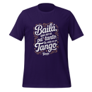 Purple t-shirt with white and gold text on a white background