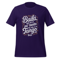 Purple t-shirt with white and gold text on a white background