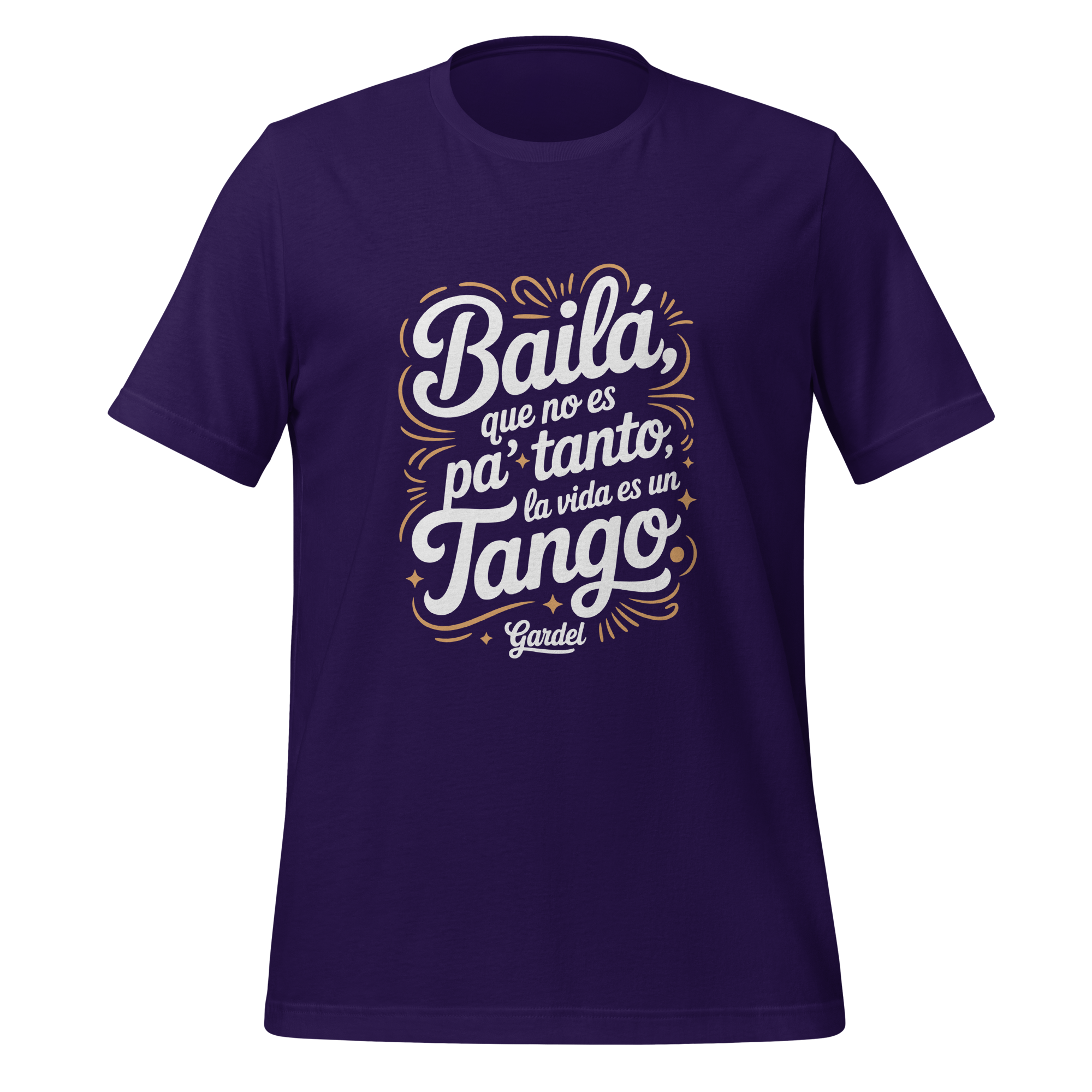 Purple t-shirt with white and gold text on a white background