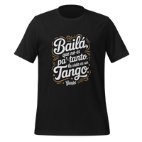Black t-shirt with white and gold text on a white background