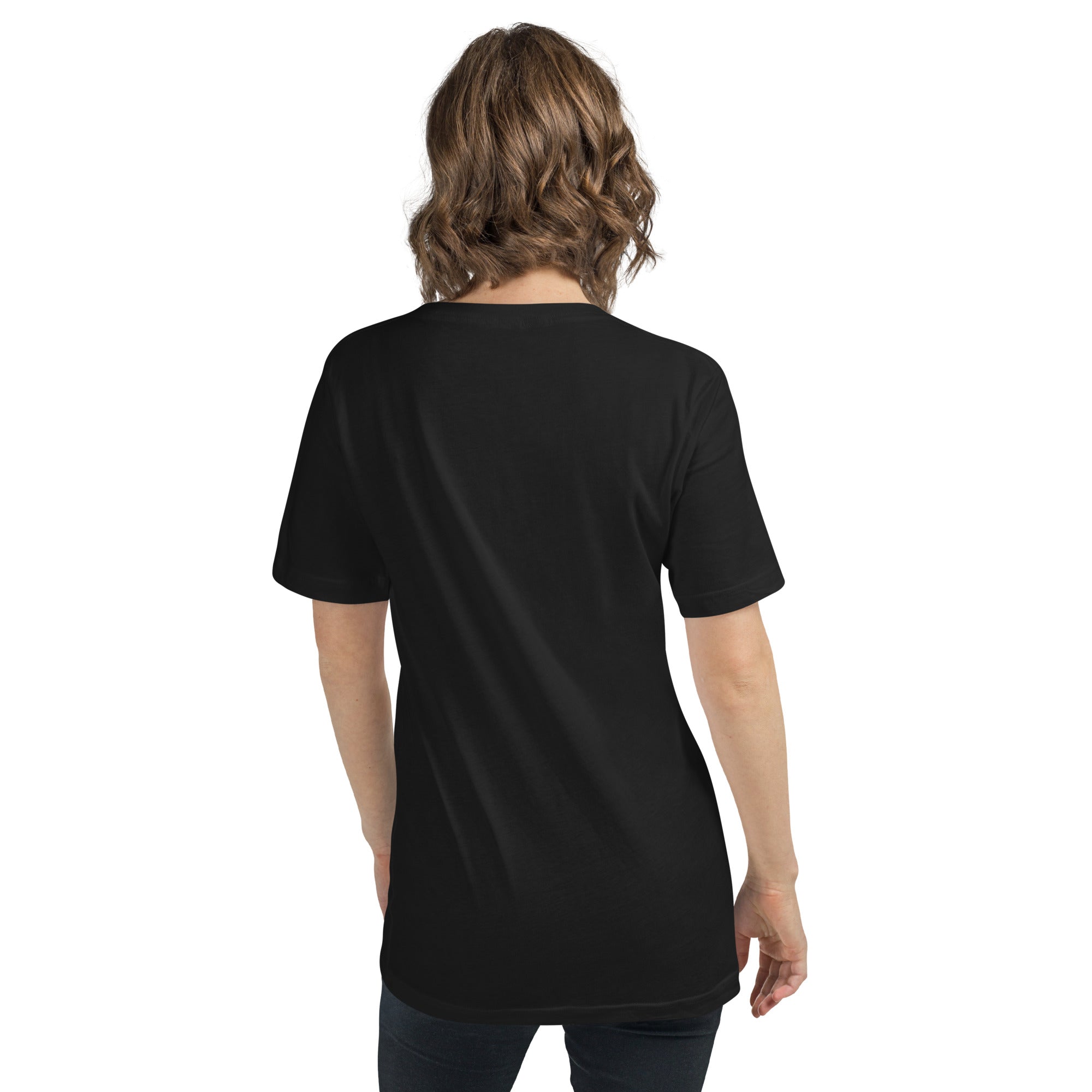 Person wearing a black t-shirt on a white background