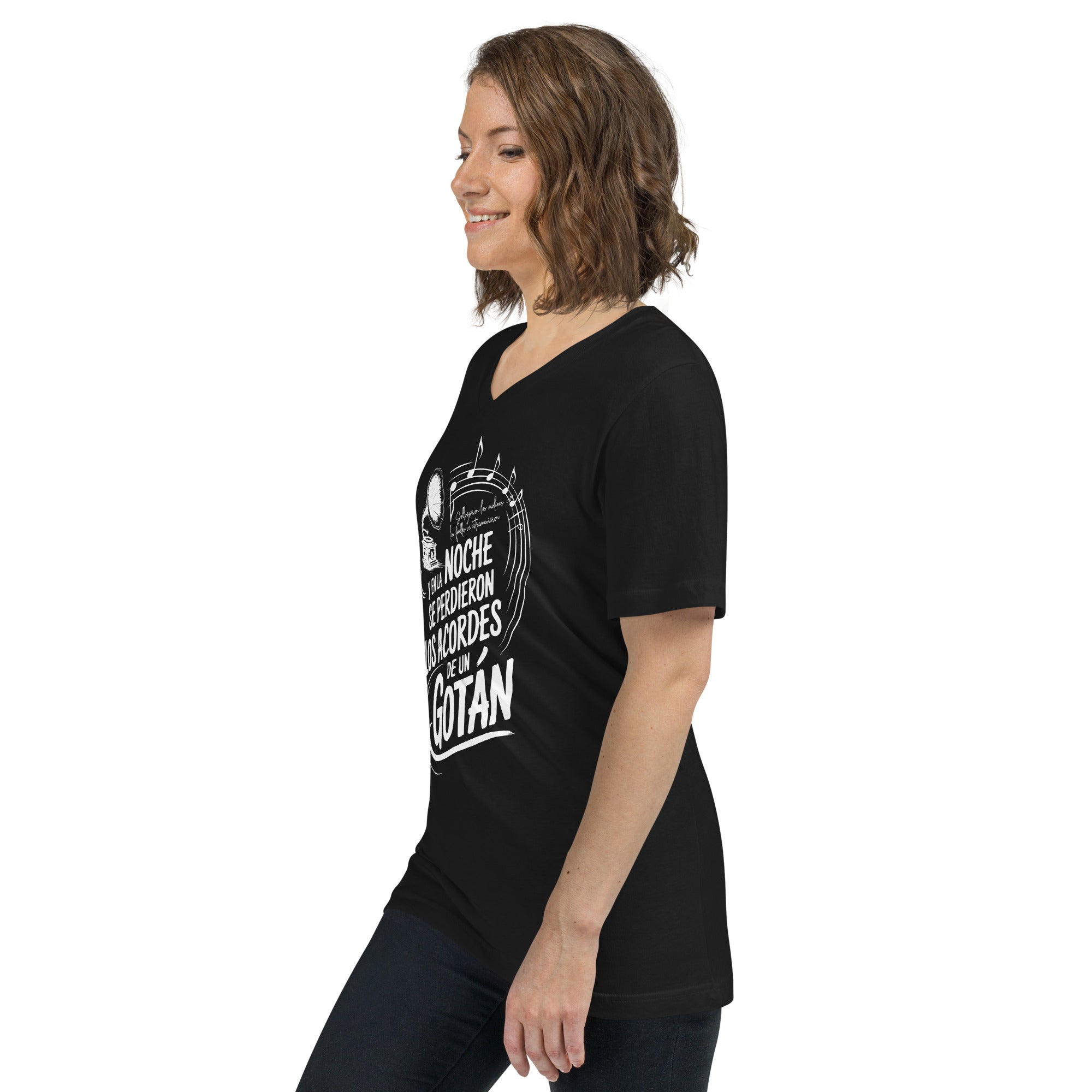 Woman wearing a black t-shirt with white text and graphics on a white background