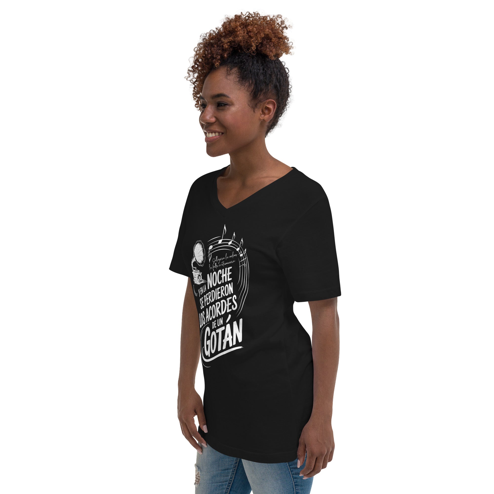 Woman wearing a black t-shirt with white text and graphic design on a white background