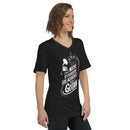 Woman wearing a black t-shirt with white text and graphics on a white background