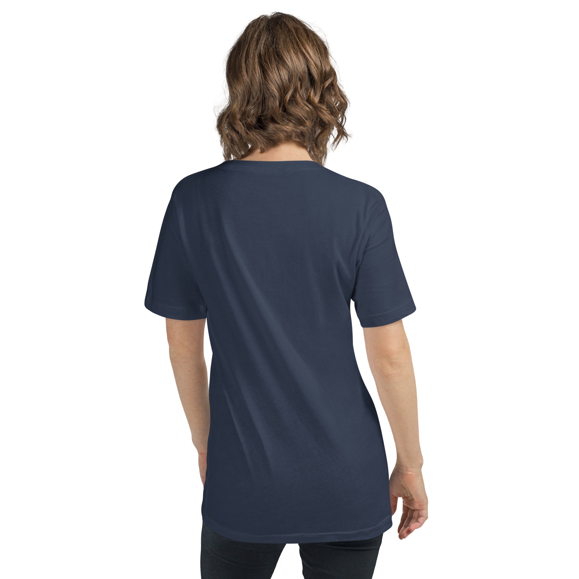 Person wearing a navy blue t-shirt on a white background