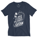 Navy blue t-shirt with white graphic and text on a white background