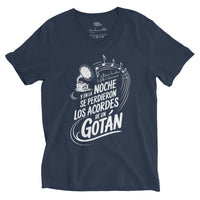 Navy blue t-shirt with white graphic and text on a white background