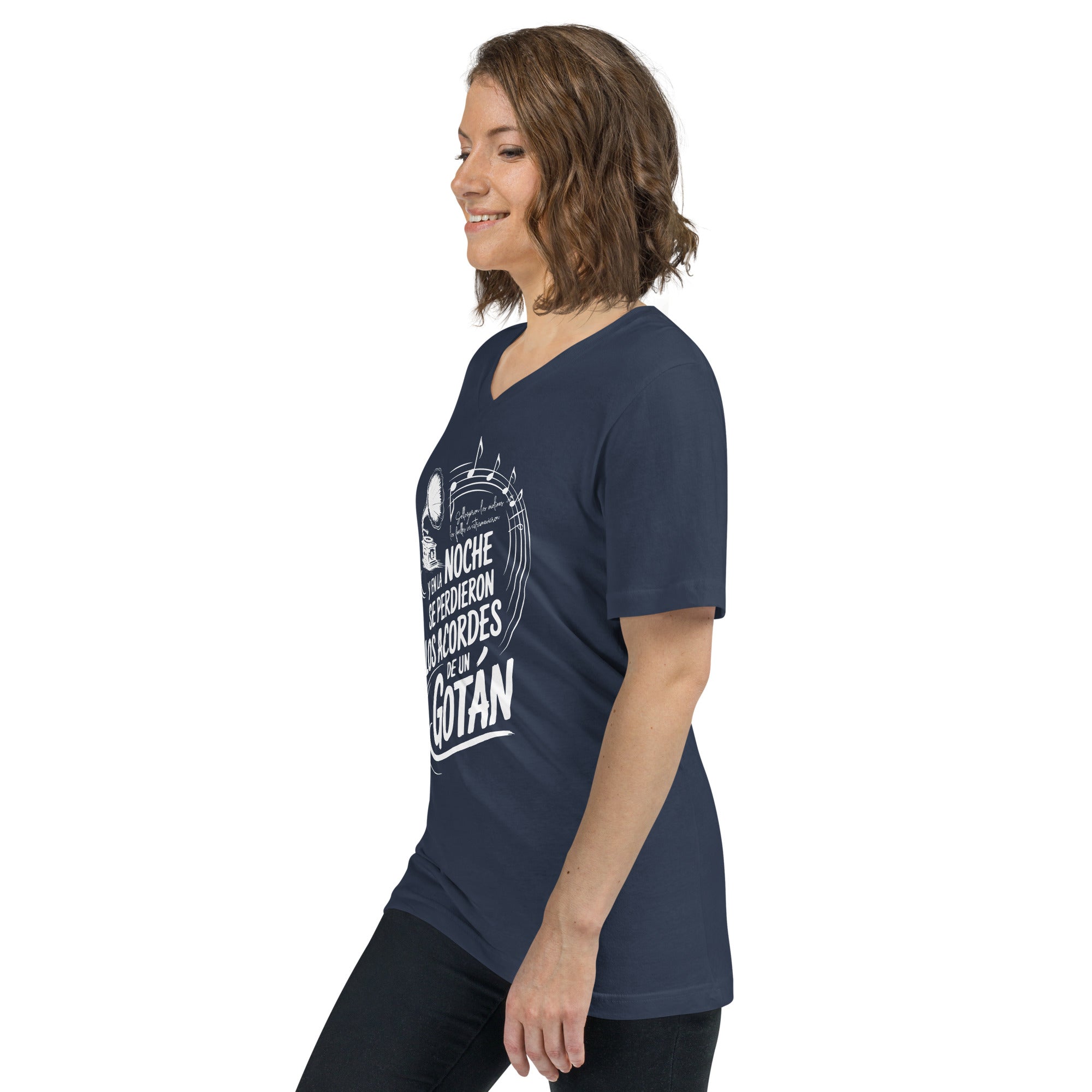 Woman wearing a navy blue t-shirt with white text and graphics on a white background
