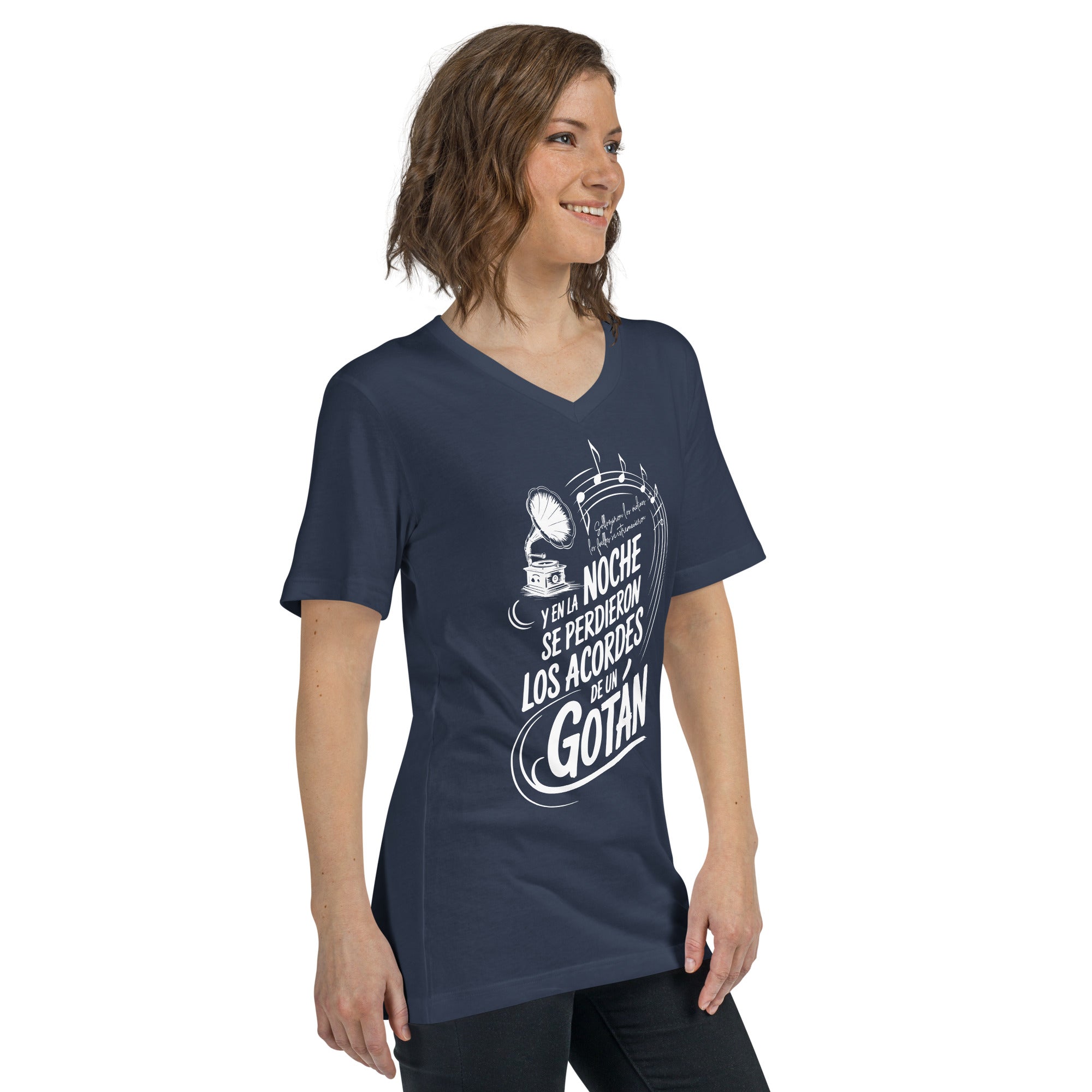 Woman wearing a navy blue t-shirt with white graphic design on a white background