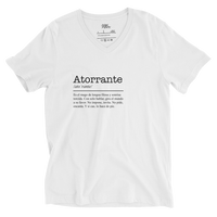 White t-shirt with black text on a white background