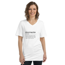 Woman wearing a white t-shirt with text on a white background