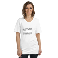 Woman wearing a white t-shirt with text on a white background