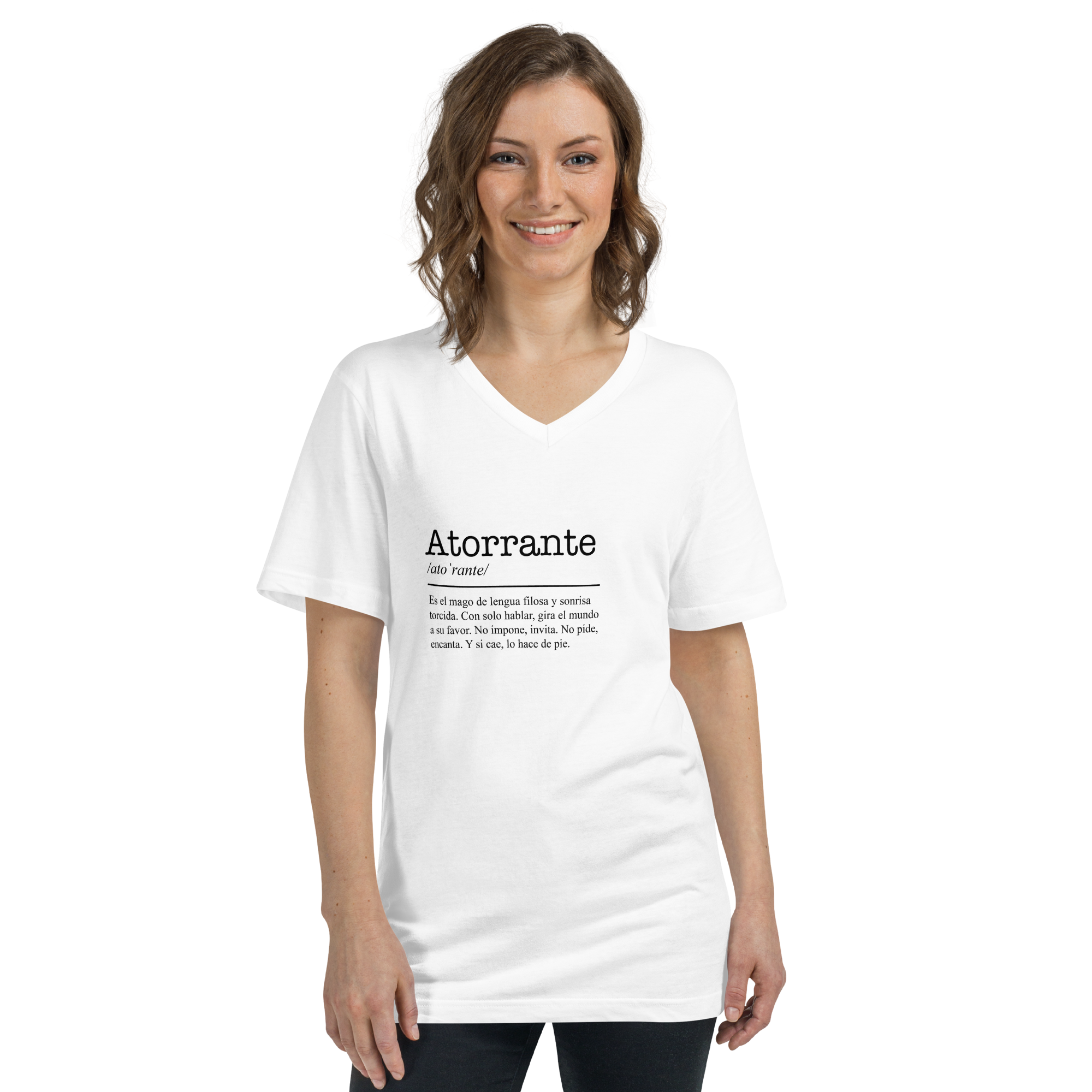 Woman wearing a white t-shirt with text on a white background