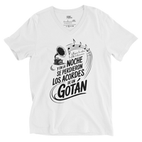White t-shirt with black graphic and text on a white background