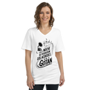 Woman wearing a white t-shirt with black text and graphic design on a white background