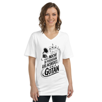 Woman wearing a white t-shirt with black text and graphic design on a white background