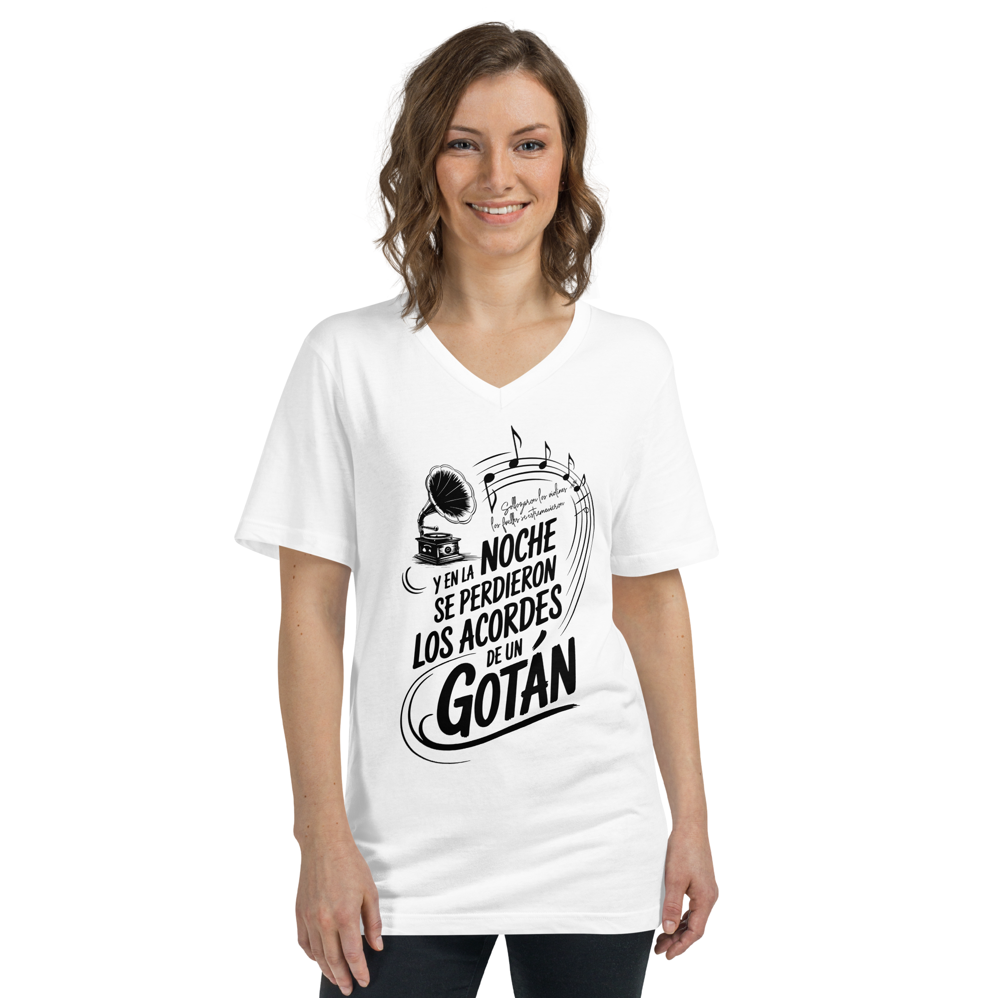 Woman wearing a white t-shirt with black text and graphic design on a white background