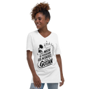 Woman wearing a white t-shirt with black text and graphics on a white background