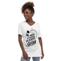 Woman wearing a white t-shirt with black text and graphics on a white background
