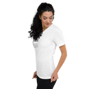 Woman wearing a white t-shirt with text on a white background