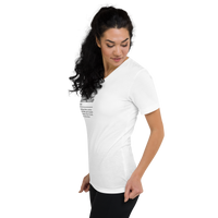 Woman wearing a white t-shirt with text on a white background