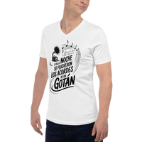 Man wearing a white t-shirt with black text and graphics on a white background