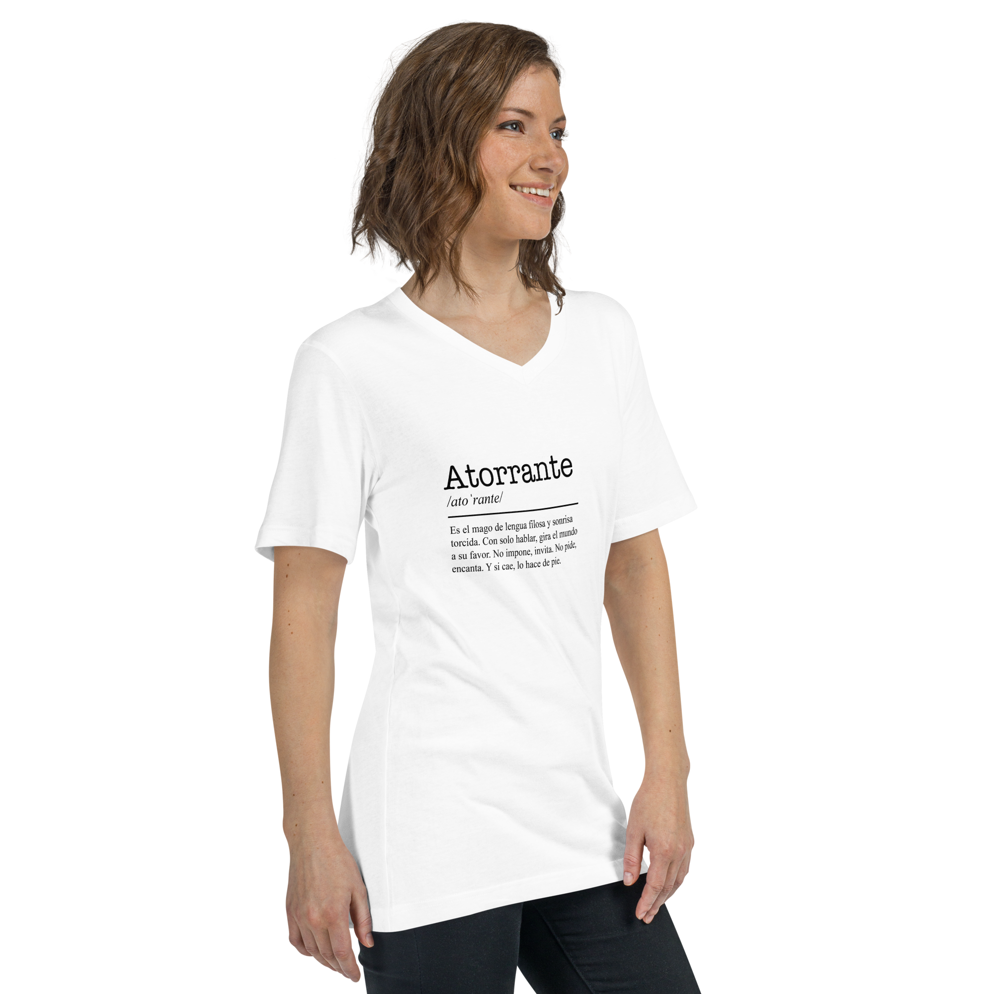 Woman wearing a white t-shirt with text on a white background
