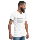 Man wearing a white t-shirt with text on a white background