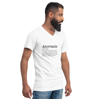 Man wearing a white t-shirt with text on a white background