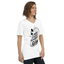 Woman wearing a white t-shirt with black text and graphics on a white background