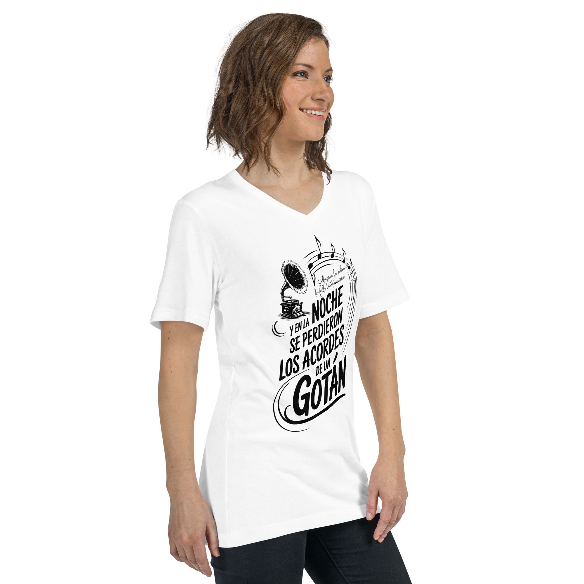 Woman wearing a white t-shirt with black text and graphics on a white background